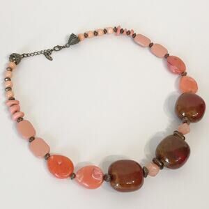 EsMor Chunky Ceramic Glazed Beaded Necklace Red Peach Pink
